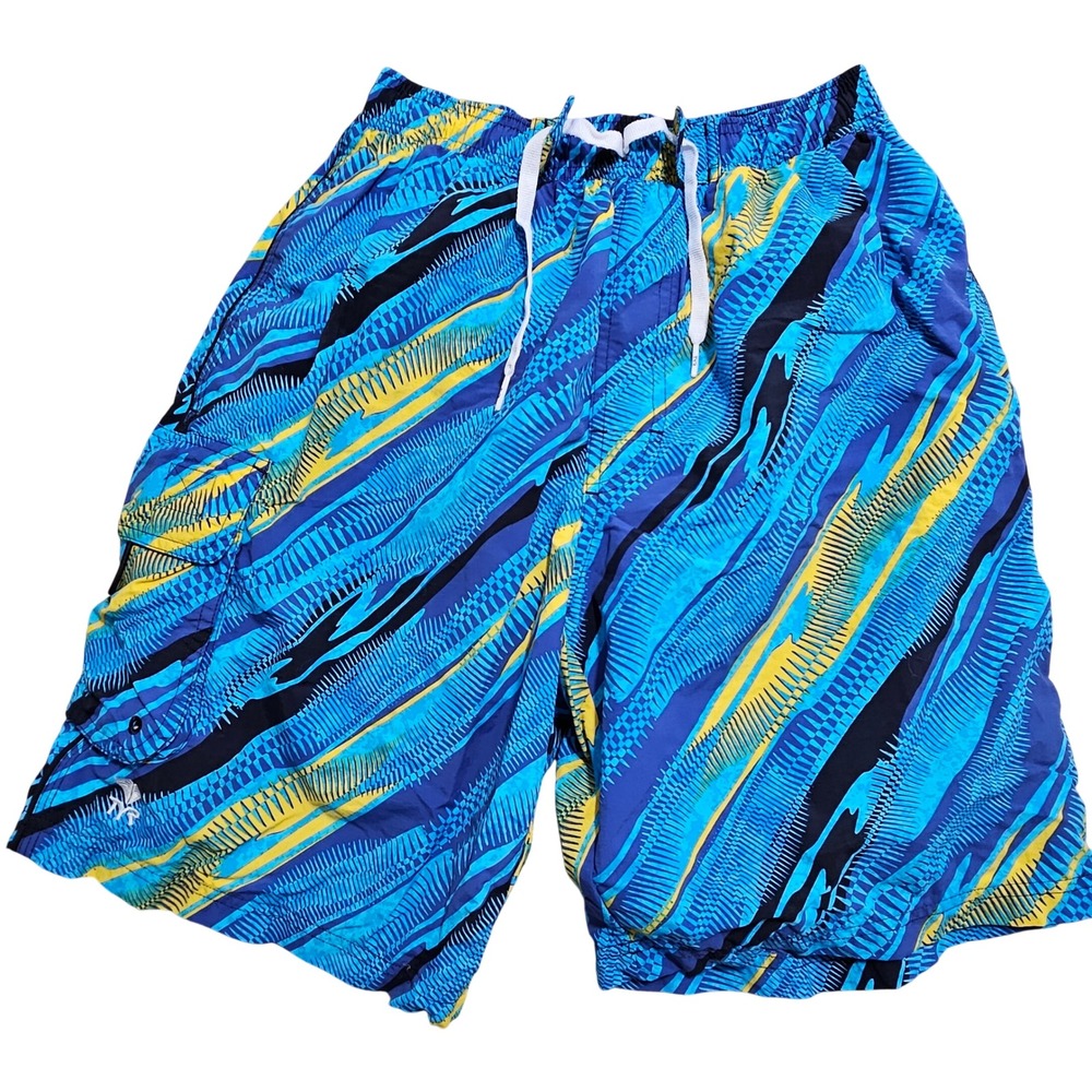 TYR Mens Swim Trunks Small Blue Yellow Abstract Geometric Cargo Board Shorts